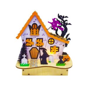 Halloween Wooden Haunted House LED Light Decor Witch Cat Home Party Table Decoration