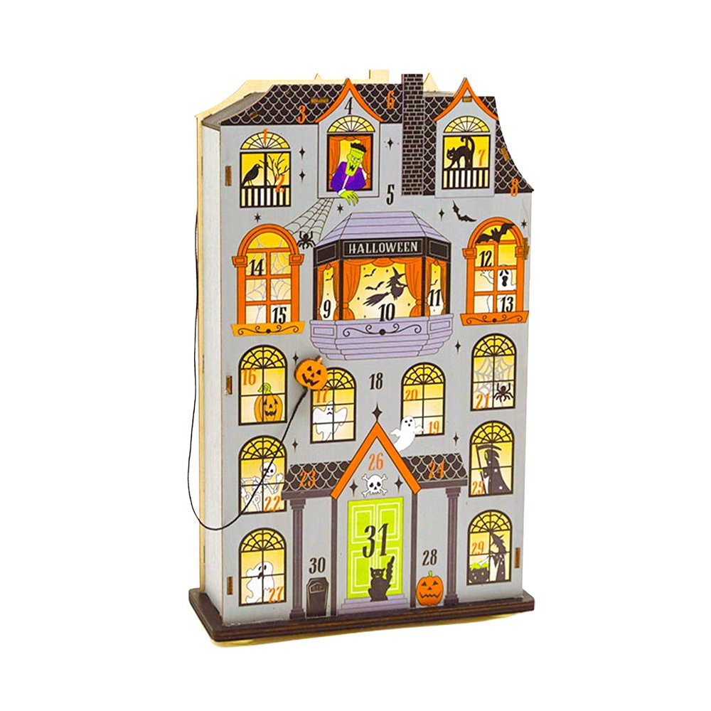 Halloween Wooden Calendar House Decor with LED Light for Home Party Table Decoration