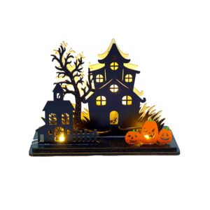 Halloween Wooden Haunted House LED Light Pumpkins Tree Home Party Decoration