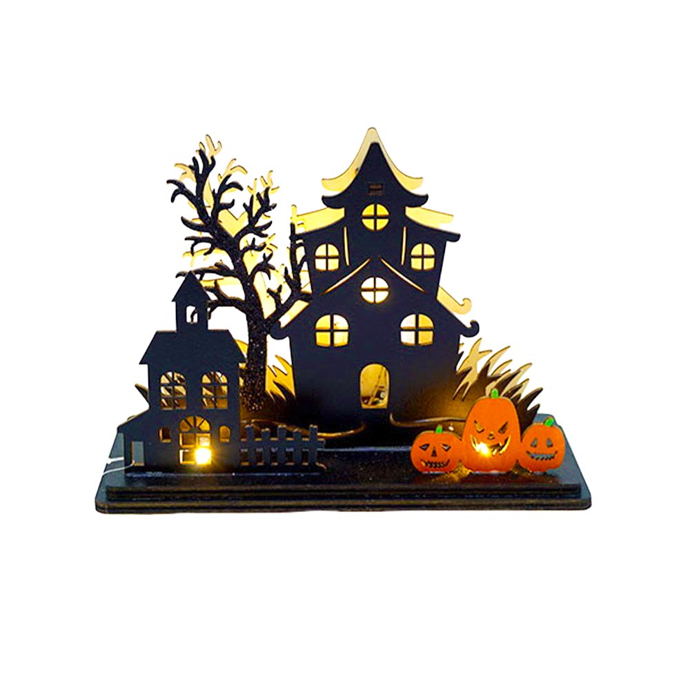 Halloween Wooden Haunted House LED Light Pumpkins Tree Home Party Decoration