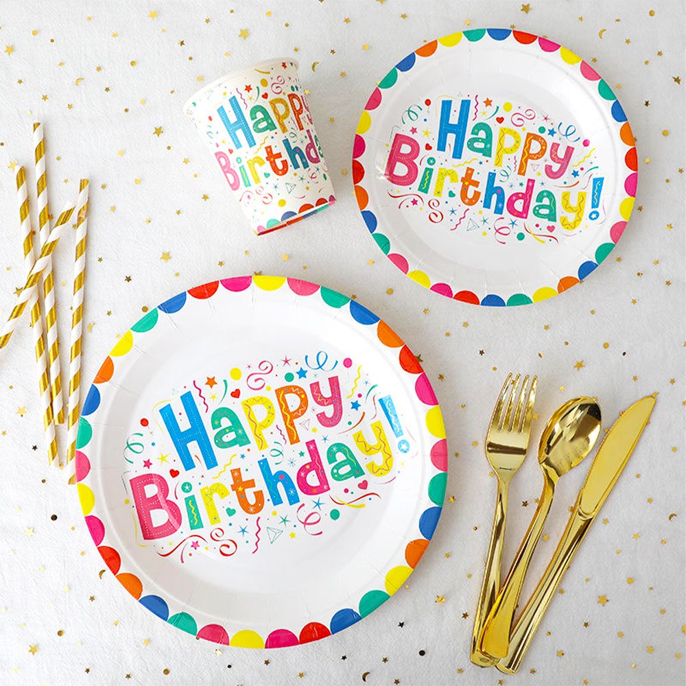 Colorful Happy Birthday Party Tableware Set Plates Cups & Straws for Celebration