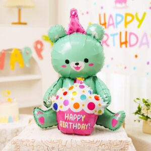 Cute Bear Happy Birthday Foil Balloon Green Teddy Cupcake Design Kids Party