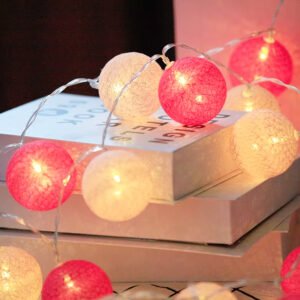 Pink & White Cotton Ball String Lights Romantic LED Fairy Lights Party