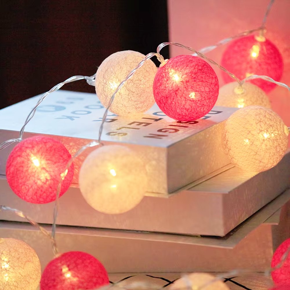 Pink & White Cotton Ball String Lights Romantic LED Fairy Lights Party