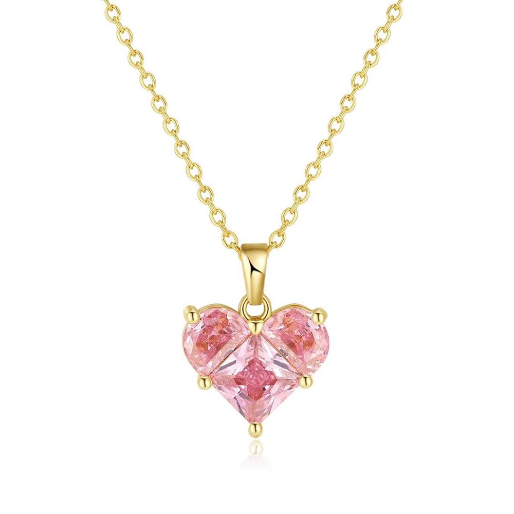 Gold Heart Necklace with Pink Crystal Romantic Pendant Women Girls