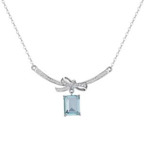 Silver Bow Necklace with Blue Gem Elegant Crystal Pendant Women