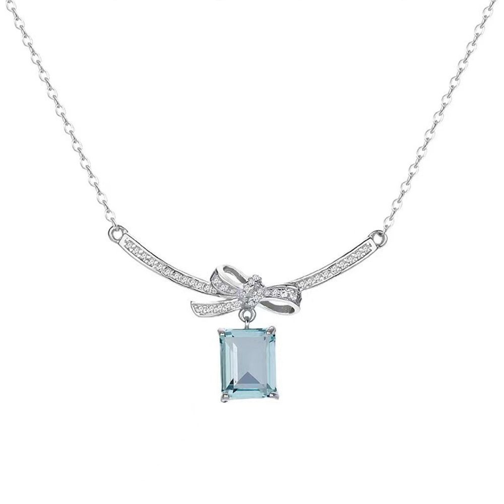 Silver Bow Necklace with Blue Gem Elegant Crystal Pendant Women