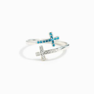 Double Cross Open Ring Sterling Silver Adjustable Band Blue White Crystals