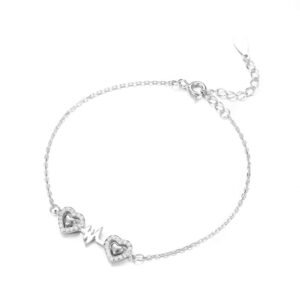 Sterling Silver Heartbeat Bracelet Dainty Double Heart Charm Chain Bracelet
