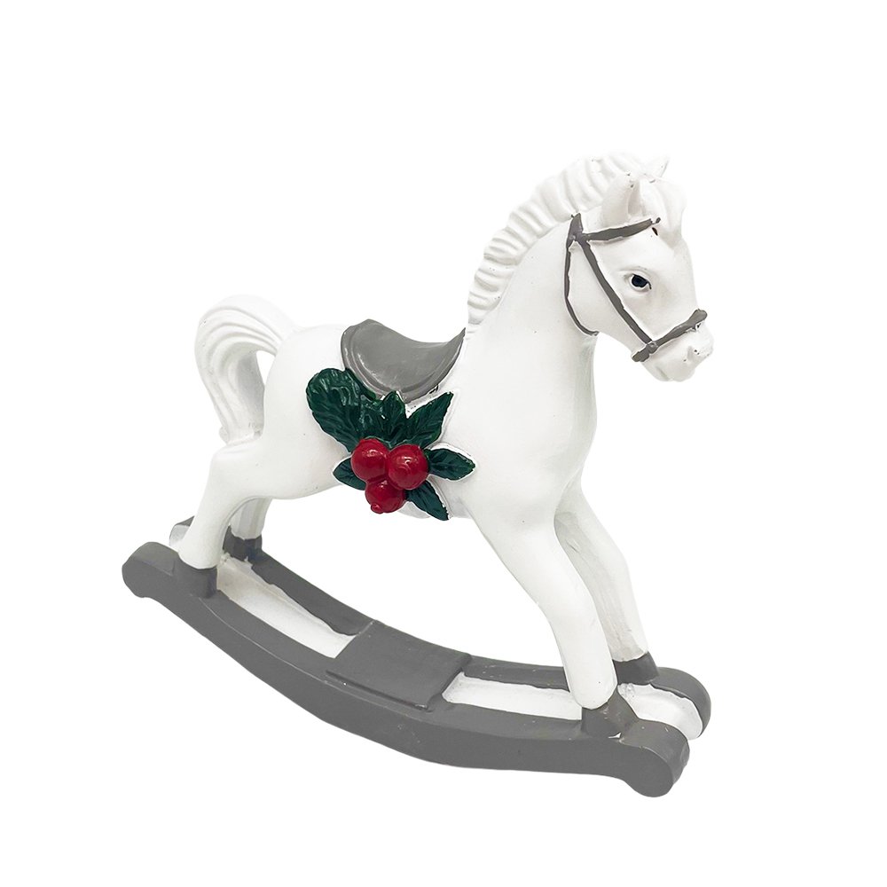 Christmas White Rocking Horse Polyresin Ornament for Home Holiday Decoration
