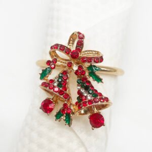 Christmas Gold Bell Napkin Ring Red Green Rhinestones Holiday Party Gift