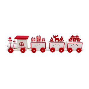 White Red Wooden Christmas Train Decoration Festive Reindeer Snowflakes