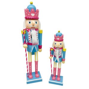 Pastel Blue Pink Wooden Nutcracker Figurine Candy Cane Soldier Christmas Decoration