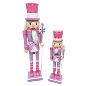 Pink Candy Wooden Nutcracker Figurine with Lollipop Staff Sweet Pastel Christmas
