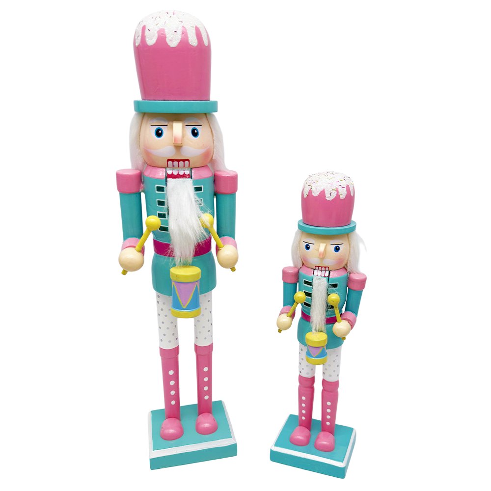 Pastel Drum Wooden Nutcracker Figurine Frosted Hat Cute Candy-Style Christmas
