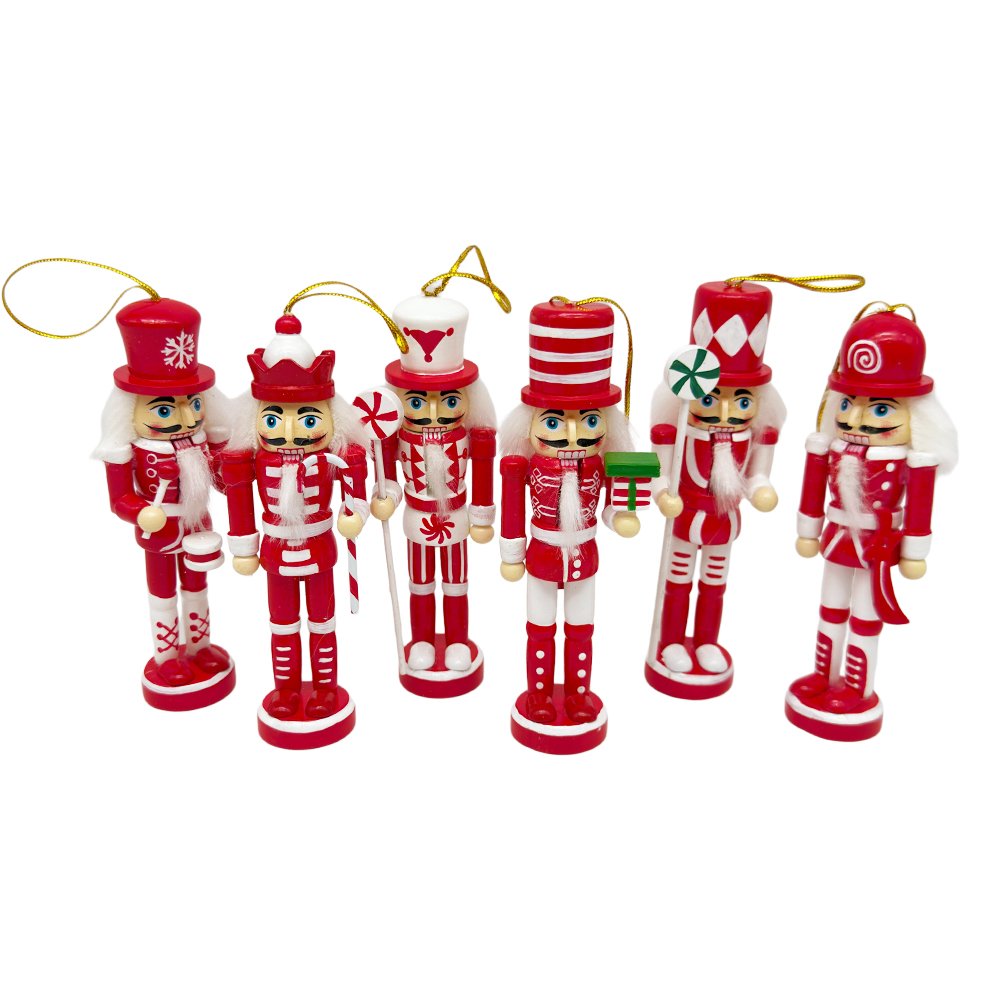 Red Nutcracker Christmas Ornament Set Wooden Hanging Soldiers Tree Decorations