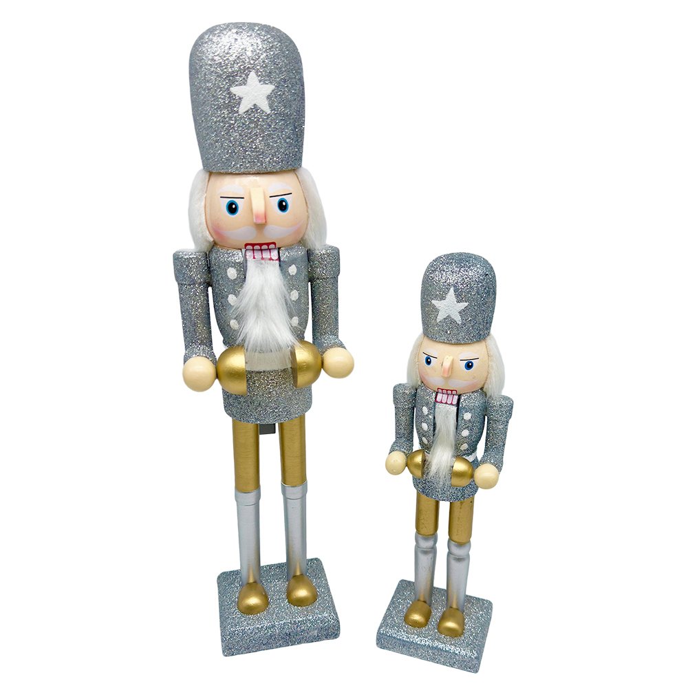 Silver Glitter Nutcracker Christmas Wooden Holiday Soldier Figurine with Star Hat