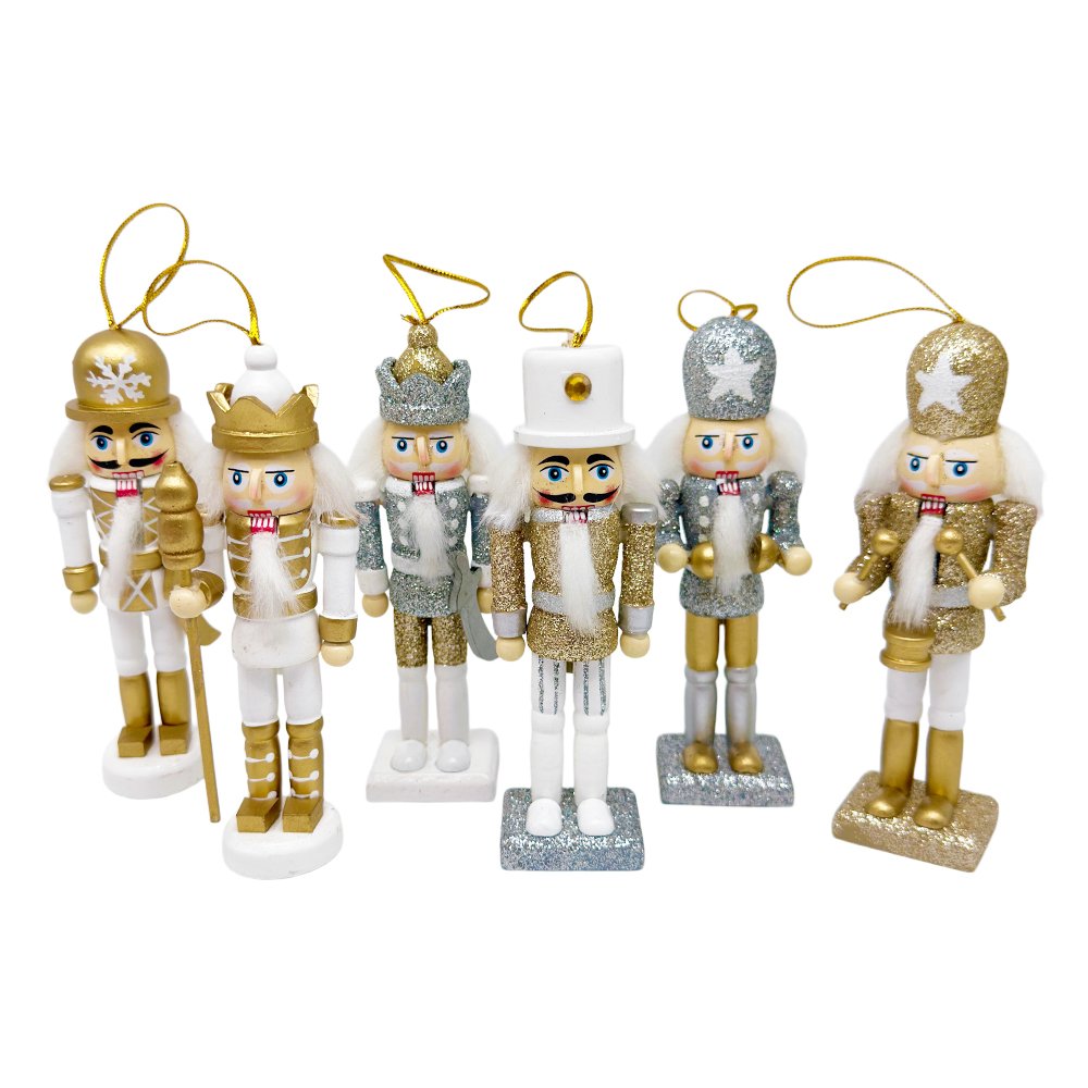 Pastel Gold Silver Nutcracker Ornament Set Wooden Hanging Christmas Decorations