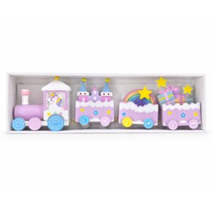 Pastel Purple Wooden Unicorn Train Decoration Rainbow Castle Gifts Fantasy Tabletop