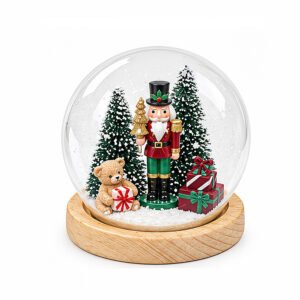 Christmas Nutcracker Snow Globe Decoration Teddy Bear Gifts Snowy Pine Trees Wooden