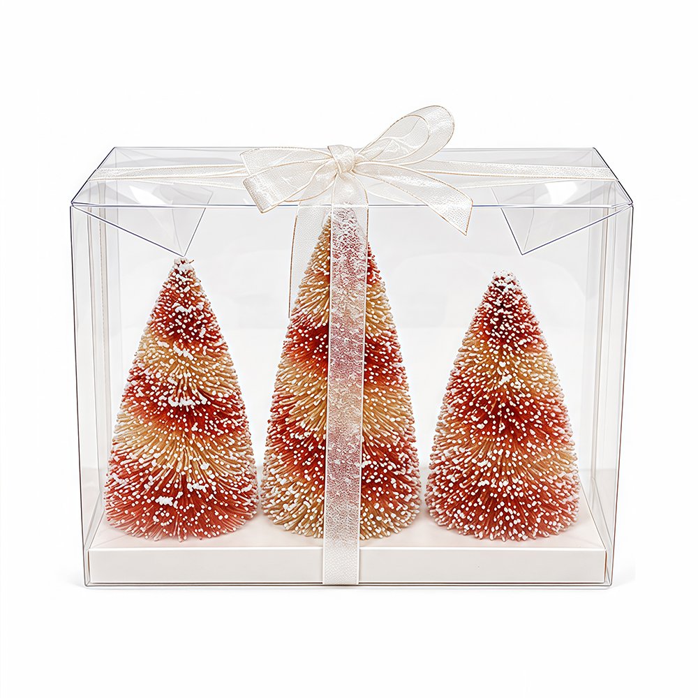 3-Piece Ombre Orange Bottle Brush Christmas Tree Set Snow-TippedTrees Gift Box